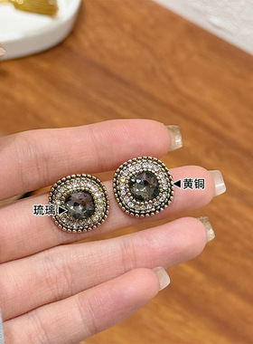 Y家原创中古vintage复古耳钉高级感铜镀镶钻几何耳环OL风通勤耳饰