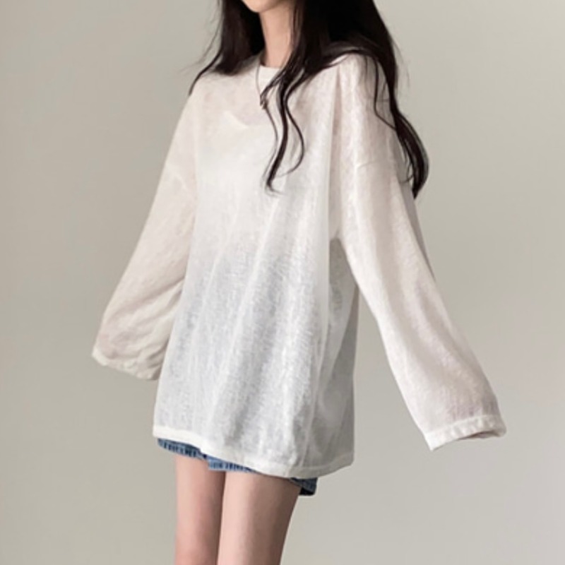 韩国chic夏季法式小众慵懒风宽松百搭长袖T恤薄款空调防晒衫罩衫