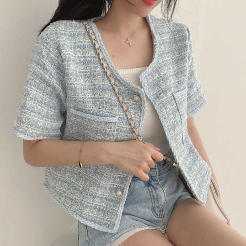 韩国chic春夏法式小众小香风珍珠扣圆领粗花呢短袖开衫外套上衣女