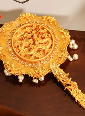 中式婚礼金色龙纹木牌团扇新娘结婚秀禾龙凤褂水晶凝胶团扇喜扇扇