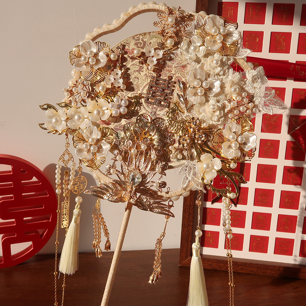 团扇新娘结婚diy材料包古风手工高级手捧花出嫁中式双面重工喜扇,淘宝优惠券,粉丝福利购,淘宝优惠卷