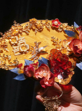 非遗绒花结婚礼物中式金色高级出嫁团扇diy材料包高级手捧花秀禾