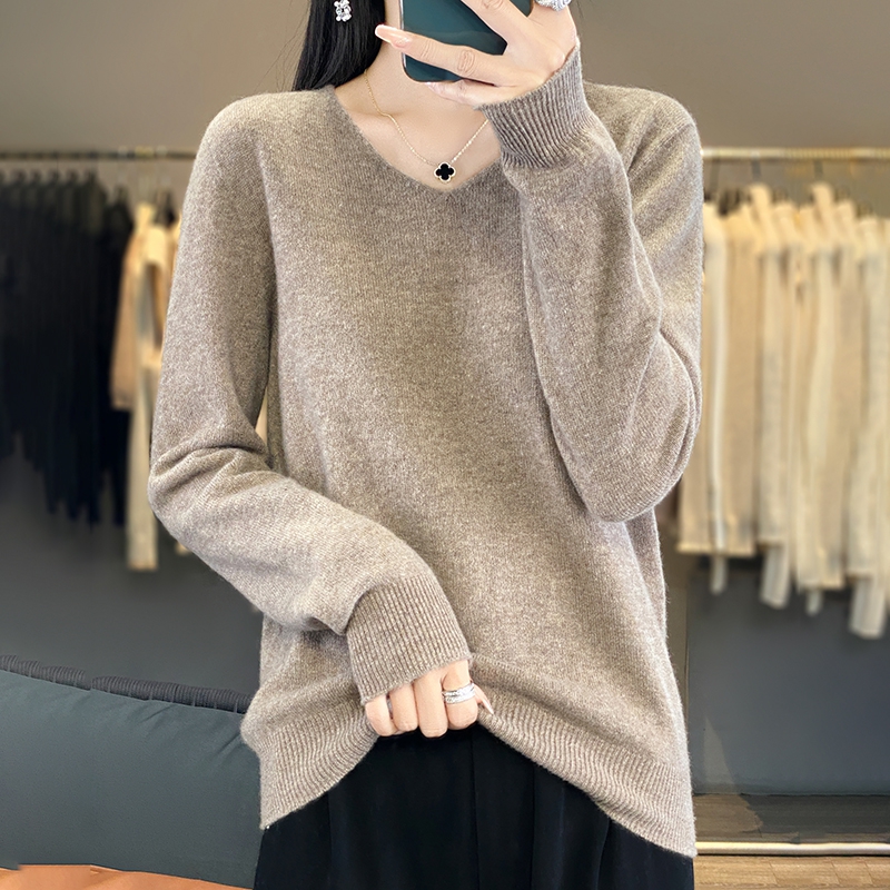断码清仓新100纯羊毛衫女V领打底衫韩版针织衫2024秋季新款一线衫 - 图2