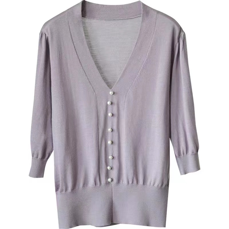女人味~温柔小香风夏季薄款冰丝针织短袖上衣短款白色紫色V领t恤-图3