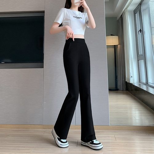 大码女装胖mm黑色瘦腿长裤秋季新款高腰马蹄裤高弹显瘦微喇叭裤子 - 图0