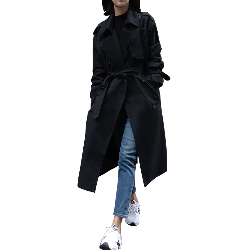 春秋新款韩版中长款宽松黑色风衣女腰带大衣显瘦大码外套 2019 春秋新款韩版中长款宽松黑色风衣女腰带大衣显瘦大码外套 2019
