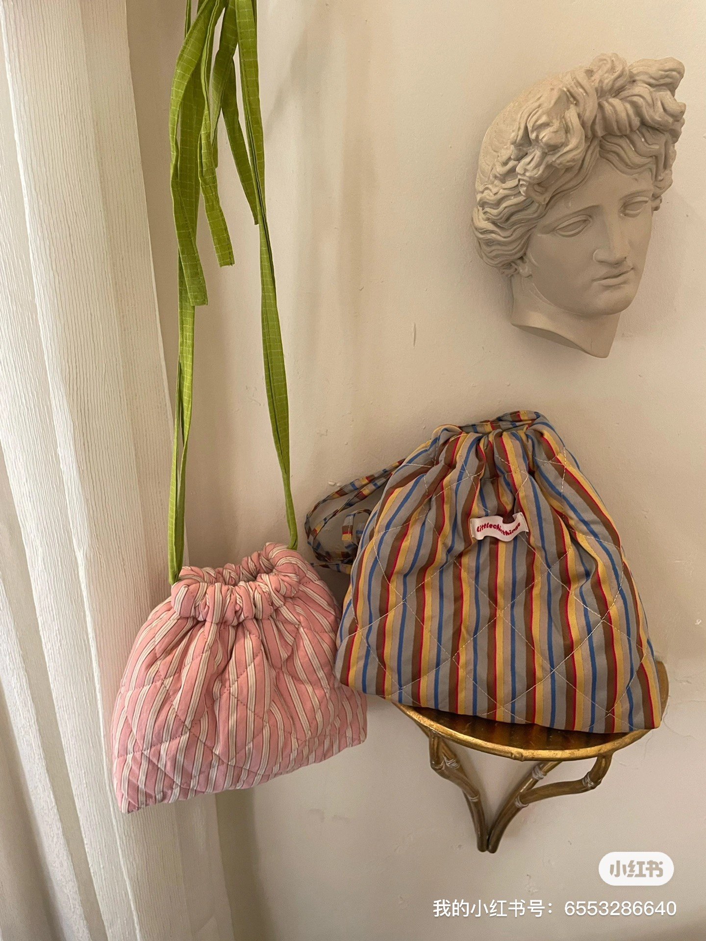 LittleChicThings粉色条纹抽绳可调节小棉包包百搭单肩斜挎女包,淘宝优惠券,粉丝福利购,淘宝优惠卷