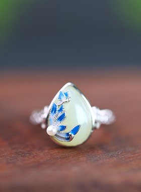 S925 银镶嵌和田玉水滴珐琅套装