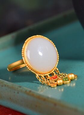 古法金和田玉白玉圆面配碧玉手饰镶嵌流苏气质女戒指流苏珐琅9443