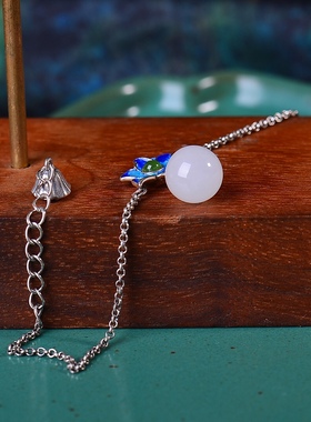 925银和田玉复古珐琅10厘白玉珠手链