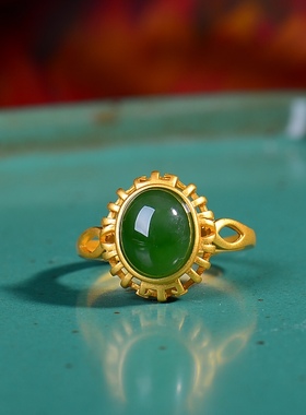 S925银古法银镶嵌和田玉碧玉蛋面戒指古风爆款椭圆形银饰手饰复古