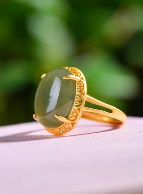 S925银镶嵌和田玉碧玉蛋面素银戒指女士时尚简约精致女士戒指礼物