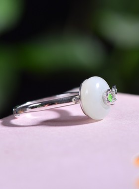 S925银镶嵌和田玉珐琅平安扣戒指