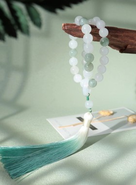 网红天然天山翠玉石手链女款新疆金丝玉白玉圆珠飘花手串直播货源
