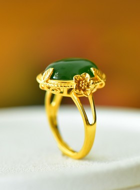 s925银镶和田碧玉花开富贵戒指精致简约新中式高级感新款2025