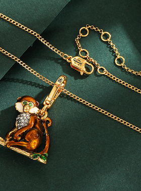 珐琅立体镶钻金丝猴吊坠项链精致