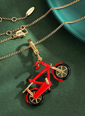 立体珐琅彩釉红色自行车吊坠项链