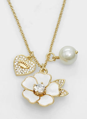 镶钻爱心白色长款山茶花毛衣链