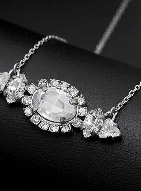 清仓库存欧美复古风时尚银色水晶宝石拉珠中长款项链女潮