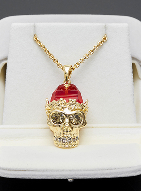 红色锆石镶钻立体骷髅头毛衣项链