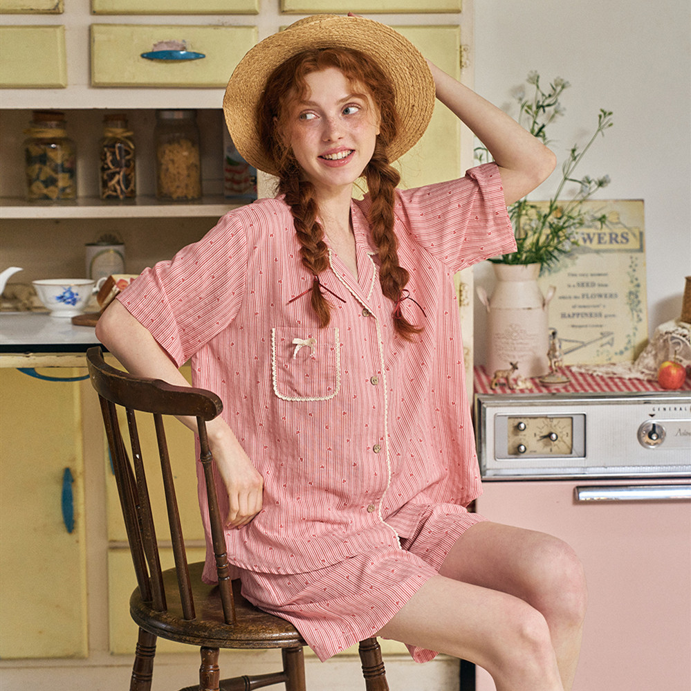 ULLALA韩国乌拉拉睡衣女2025夏季简约条纹爱心印花前扣短袖家居服,淘宝优惠券,粉丝福利购,淘宝优惠卷