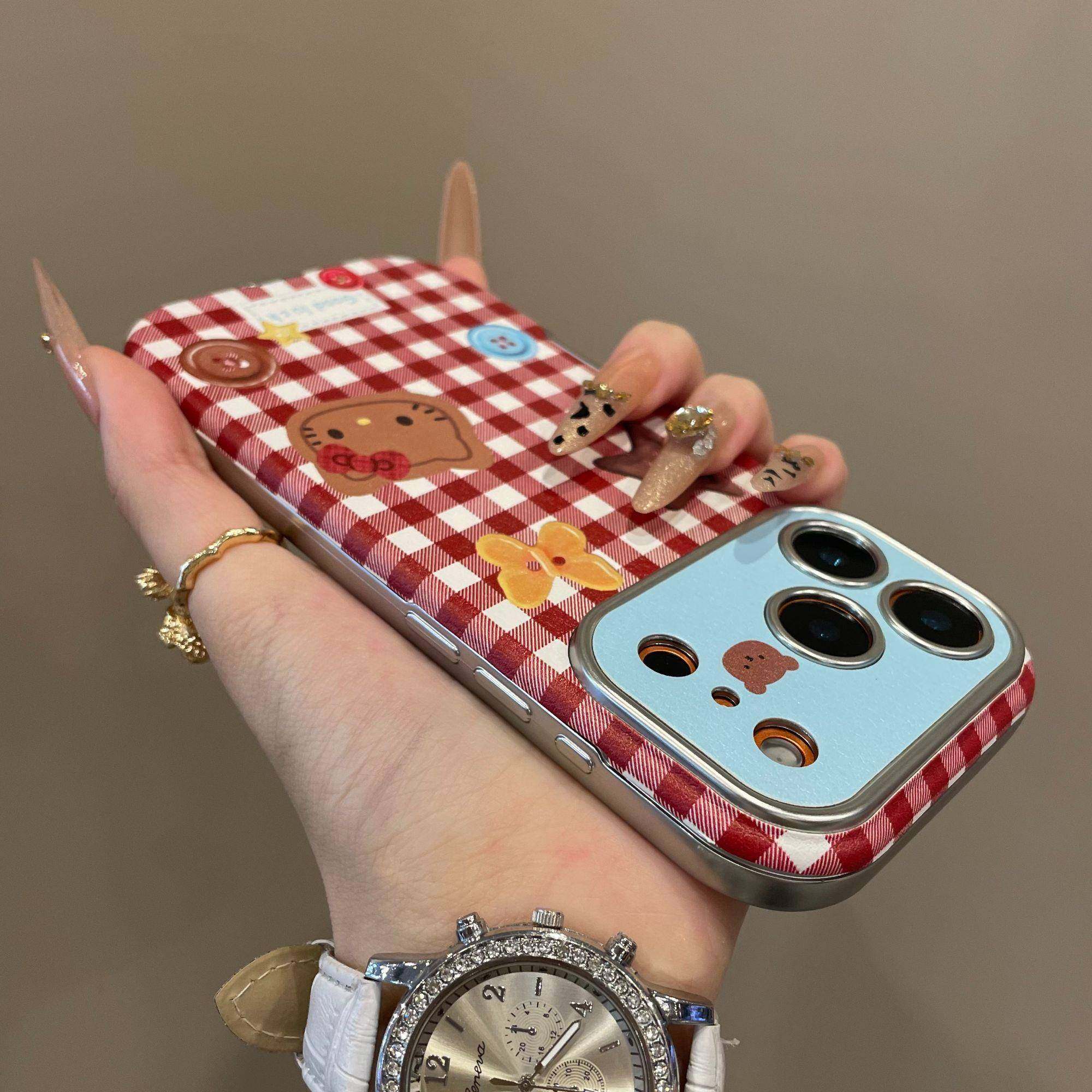 秋冬格纹纽扣KT猫大视窗适用iPhone17promax手机壳15新款17pro网红女款13创意全包防摔16pro超好看17保护套,淘宝优惠券,粉丝福利购,淘宝优惠卷