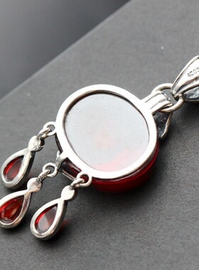 纯银石榴石水滴流苏复古做旧吊坠