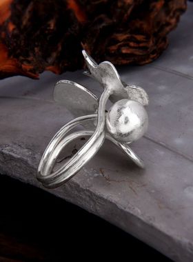 泰国清迈手工银S925纯银花朵戒指树叶子夸张时尚民族风开口食指戒