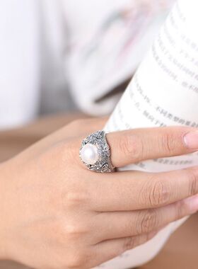 S925纯银蝴蝶小花朵淡水珍珠戒指文艺时尚编织设计感女款古风指环