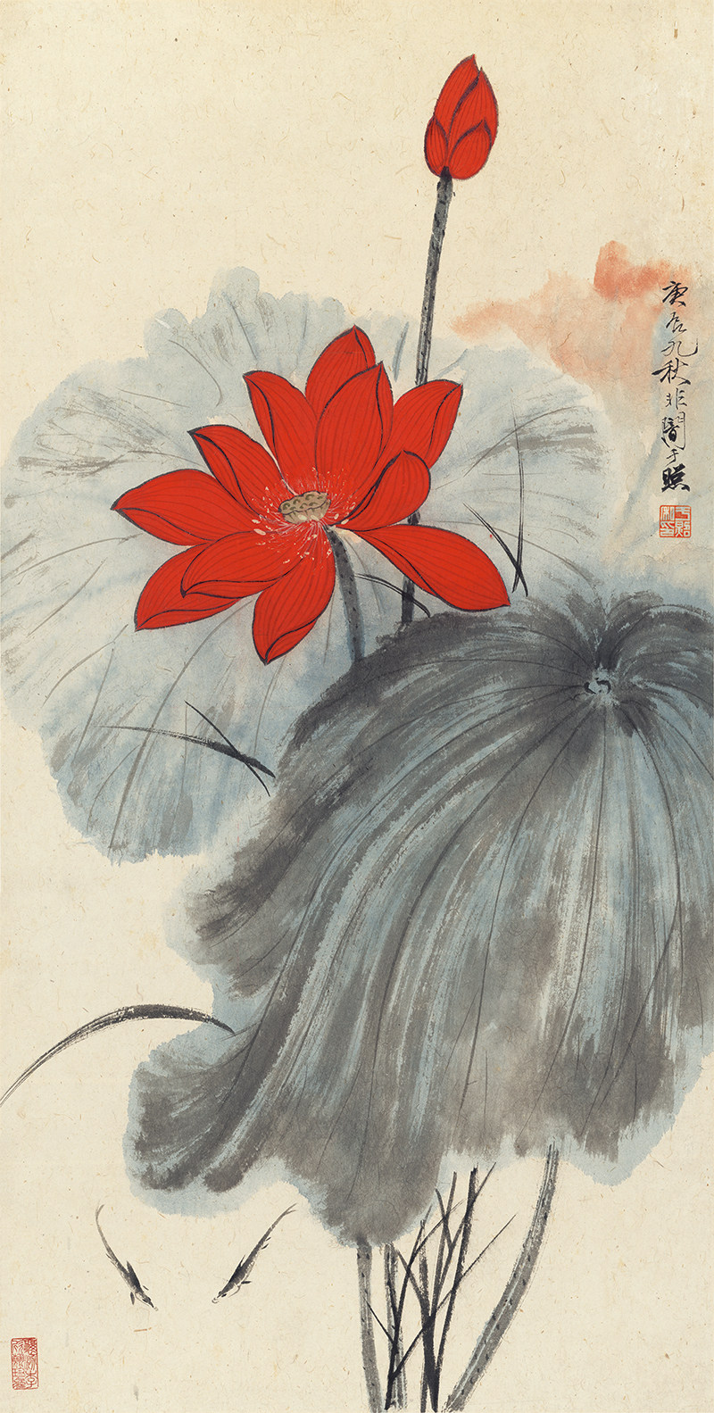 于非闇荷花图工笔花卉国画中堂玄关装饰画打印高清电子版图片素材