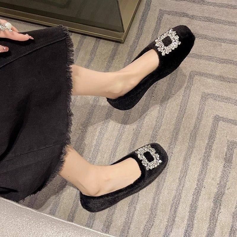 温柔水钻方头外穿毛毛鞋女2024冬季新款一脚蹬加绒软底豆豆鞋单鞋,淘宝优惠券,粉丝福利购,淘宝优惠卷