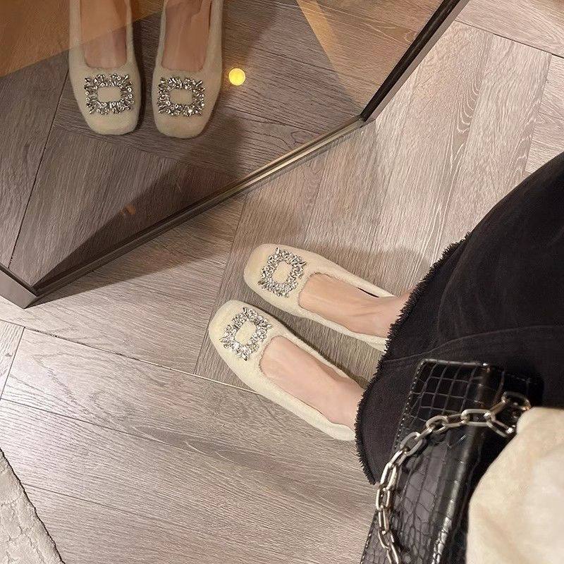 温柔水钻方头外穿毛毛鞋女2024冬季新款一脚蹬加绒软底豆豆鞋单鞋,淘宝优惠券,粉丝福利购,淘宝优惠卷