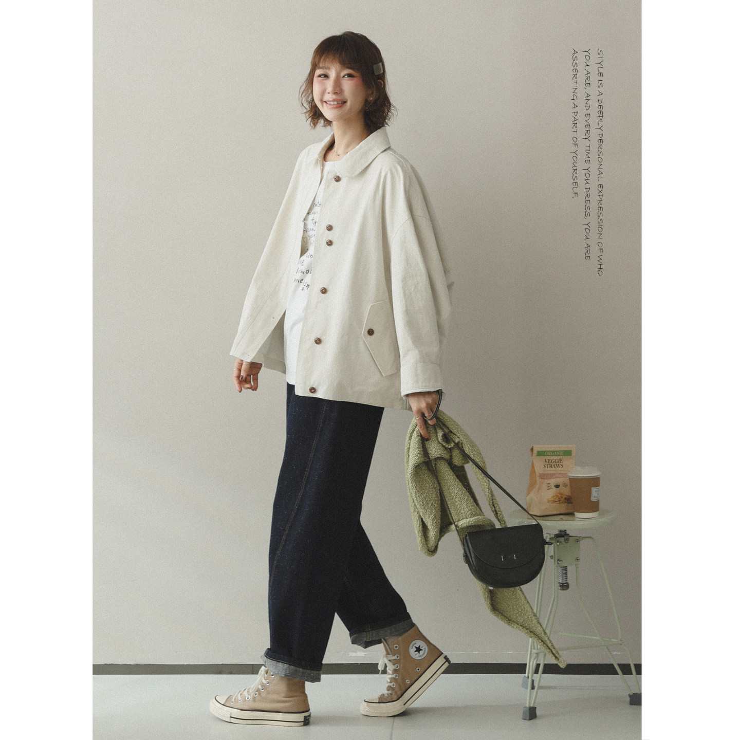 苹果的生活家|缕缕春风 翻领双门襟设计宽松廓形外套短风衣女,淘宝优惠券,粉丝福利购,淘宝优惠卷