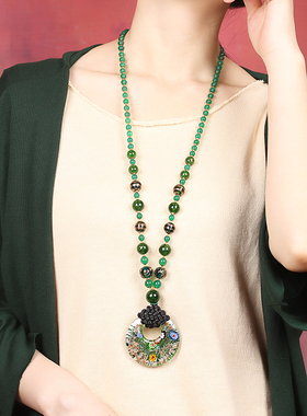 秋冬配饰绿项链琉璃女民族风长款