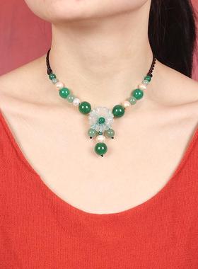 原创项链珍珠岫玉花朵吊坠女