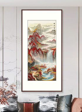 紫气东来玄关竖版国画山水画客厅办公室风水画挂画装饰画春山观瀑
