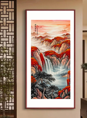 手绘竖幅国画山水洒金鸿运挂画玄关新中式背景墙实木框墙面装饰画