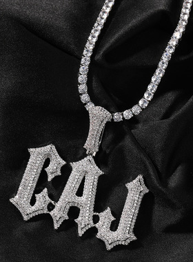 DIY定制嘻哈毛刺26个大写字母吊坠铜镶锆石拼接组合个性情侣项链