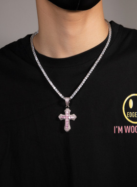 嘻哈十字架红色项链情侣吊坠宝石