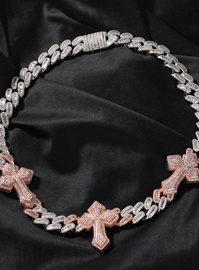 15mm铜镶锆石十字架古巴链hiphop男士街舞炫酷时尚朋克满钻潮项链