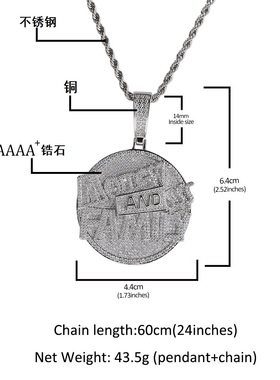 新款嘻哈说唱铜镶锆石大圆盘money and family 字母吊坠潮男项链