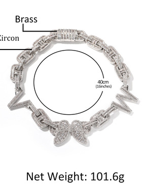 原创嘻哈蝴蝶字母方锆DIY项链个性潮流链条街头百搭Hiphop锁骨链