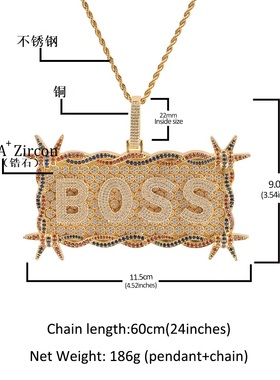 定制荆棘大号长方形军牌大写字母吊坠铜镶锆石DIY嘻哈男女潮项坠