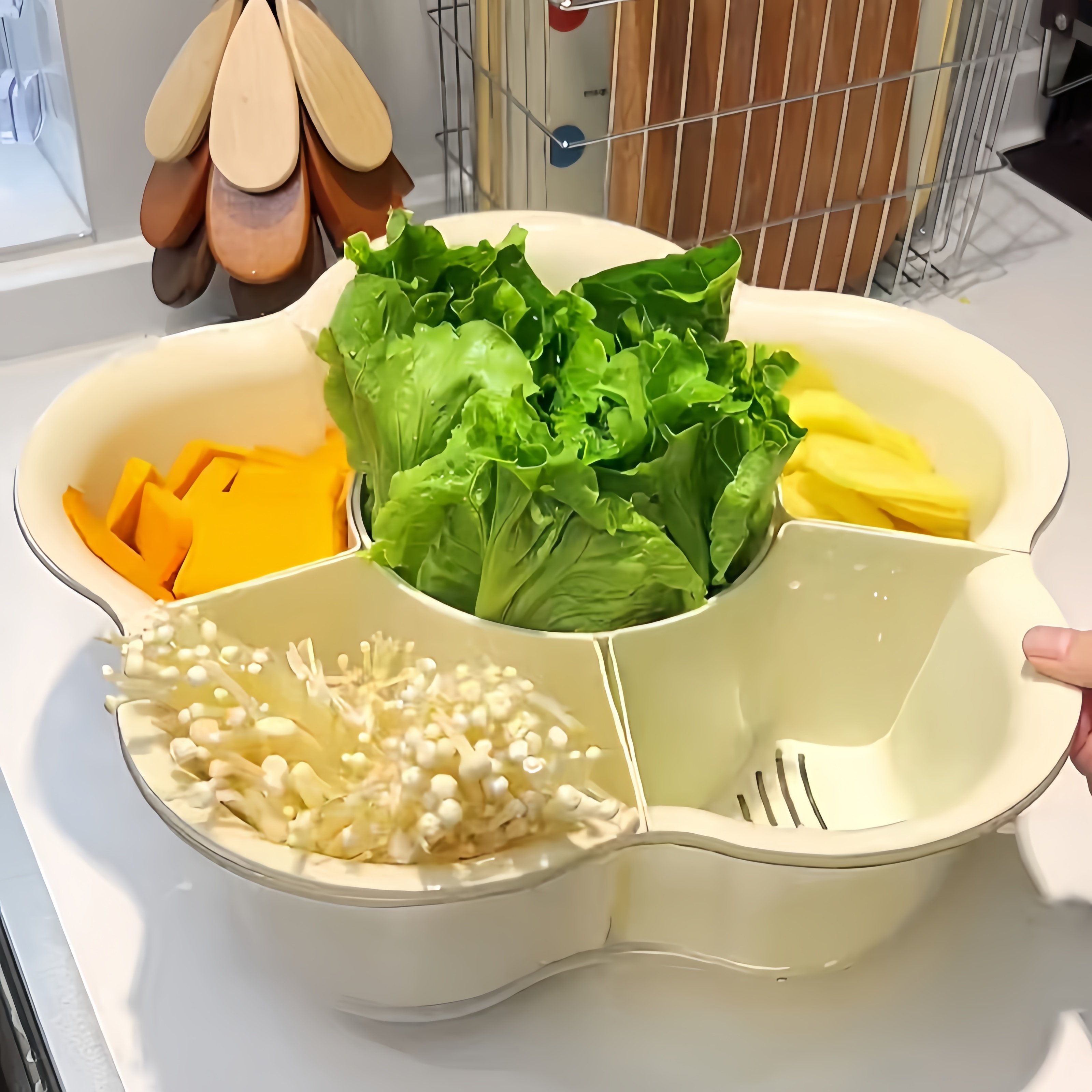 【厨房好物】可旋转沥水盘奶油色火锅拼盘创意家用多功能洗菜盆,淘宝优惠券,粉丝福利购,淘宝优惠卷