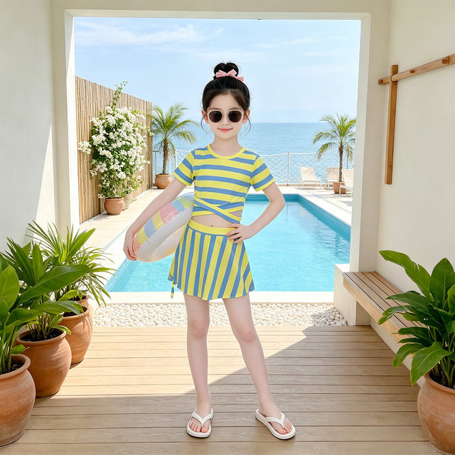 ເດັກຍິງເສັ້ນດ່າງແຂນສັ້ນ skirt split swimsuit summer