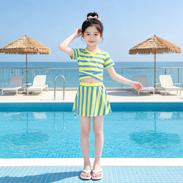 ເດັກຍິງເສັ້ນດ່າງແຂນສັ້ນ skirt split swimsuit summer