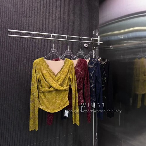 wu33打底衫2025秋冬新韩版v领交叉设计感长袖蕾丝T恤纯欲显瘦上衣 - 图2