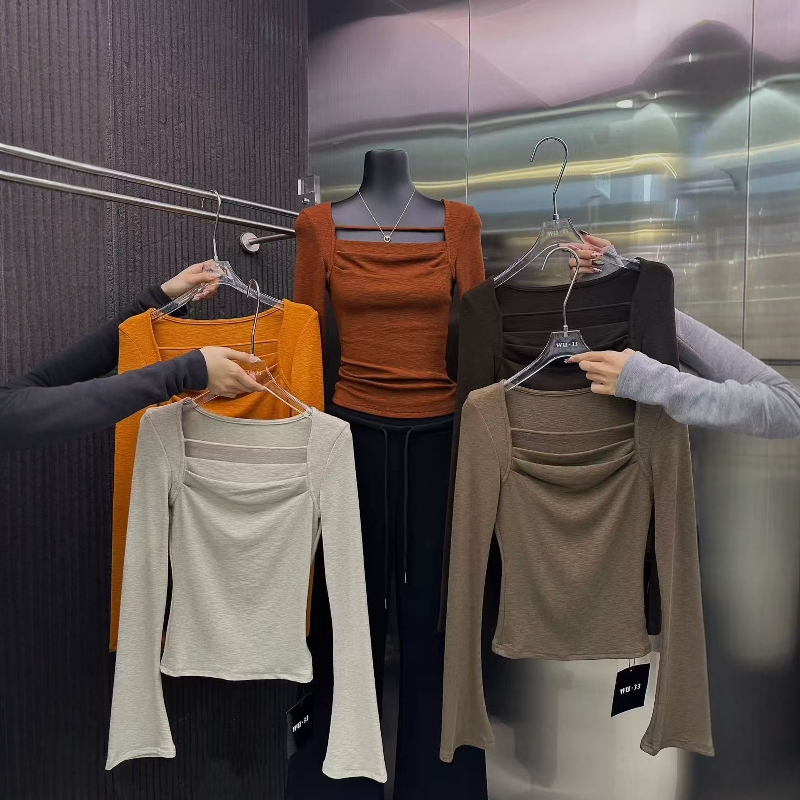 wu33打底衫2025冬新款韩方领喇叭袖小众洋气设计长袖磨毛T恤上衣 - 图3