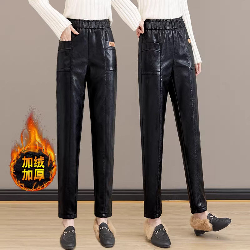 哈伦裤皮裤女秋冬2025年新款高腰显瘦休闲外穿加绒加厚直筒pu裤子,淘宝优惠券,粉丝福利购,淘宝优惠卷