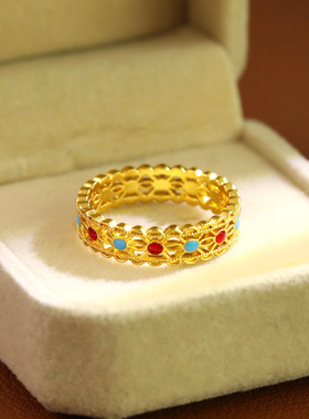 新中式金色镂空彩宝食指女戒